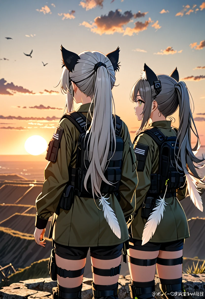 8K Ultra High-Quality, ultra-detailed, High quality, 3 girls, girl 1 dark blue long hair wit cat ears, girl 2 short grey hair with owl feathers, girl 3 green long pony tail tied hair, tactical clothes, back view, looking at the horizon, sun set