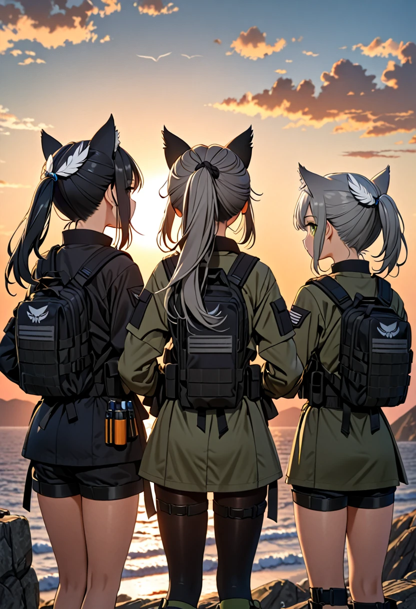 8K Ultra High-Quality, ultra-detailed, High quality, 3 girls, girl 1 dark blue long hair wit cat ears, girl 2 short grey hair with owl feathers, girl 3 green long pony tail tied hair, tactical clothes, back view, looking at the horizon, sun set