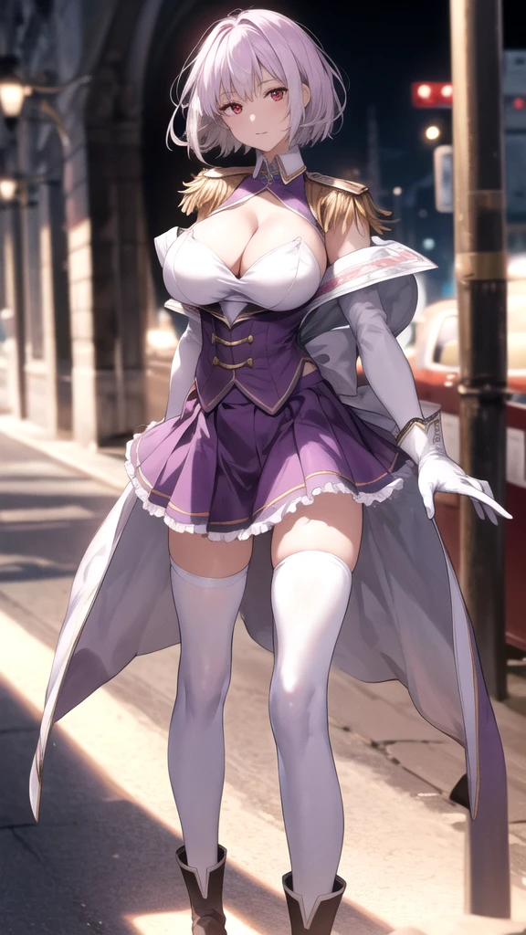 masterpiece, Highest quality, High resolution, male, short hair, Hello, Red eyes, Large Breasts, Cleavage, Epaulettes, White gloves, Elbow hand pockets, Purple Skirt, Knee socks, Cowboy Shot, Are standing, Arms at your sides, Straight, street