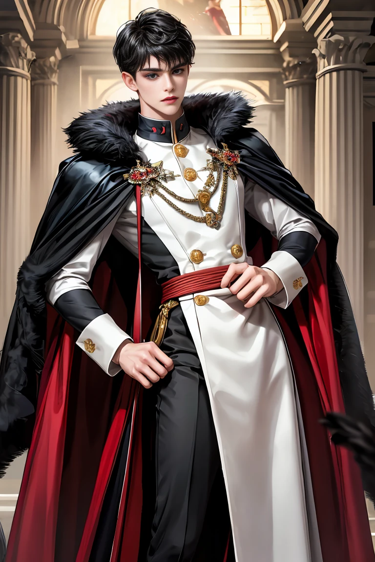 
masterpiece, 最high quality, high quality, 1 boy, alone, Male focus, Watching the audience,  Messy black hair, Adorable big blue eyes, White, Noble, Noble,A sexy, voluminous, puffy cape、vampire、A very voluminous, large, very large, very large, long, long red and black cape with a high stand-up collar, made of a lot of fabric that reaches down to the floor., ,Cute beautiful boys,Cute, cute, kind, handsome guy