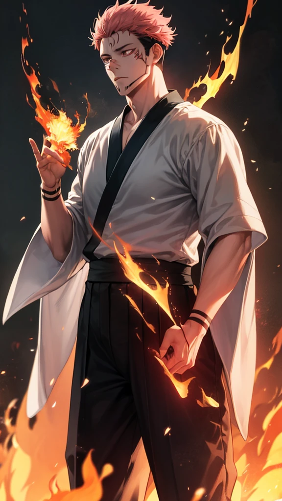 1 man, Ryomen Sukuna, Jujutsu Kaisen, using fire powers on hands, muscules in body, pants hakama white,  pink hair, short hair, red eyes, normal eyes, normal arms, anime style, cinematographic and vivid paisage, surrounded by intense fire spells. 


