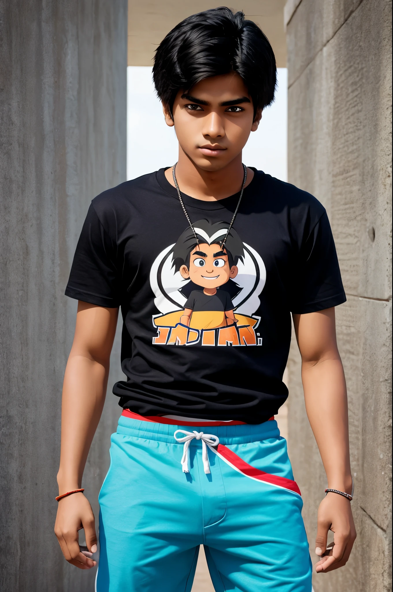 Make a 2d cartoon character indian age boy with t shirt and pant simple and beautiful