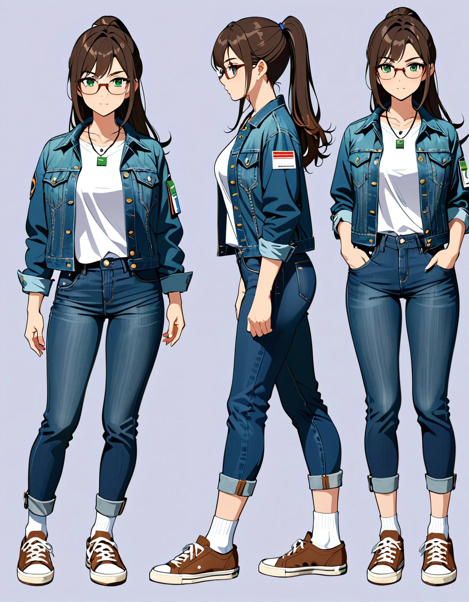 (masterpiece), (best quality), (high res), 1lady, tall body, beautiful detailed eyes, beautiful detailed face, glasses, confident look, perfect hands, complete fingers, perfect anatomy, perfect proportions, (jet black hair, medium hair, hair down), ((ponytail)), (green eyes), ((denim jacket, reporter's id card necklace)), (white t-shirt), ((blue jeans)), ((white socks, shoes, matching shoes, brown sneakers)), breasts, medium breasts, solo, solo focus, standing. Simple background, Multiple Views, Character Sheet Full-Length.