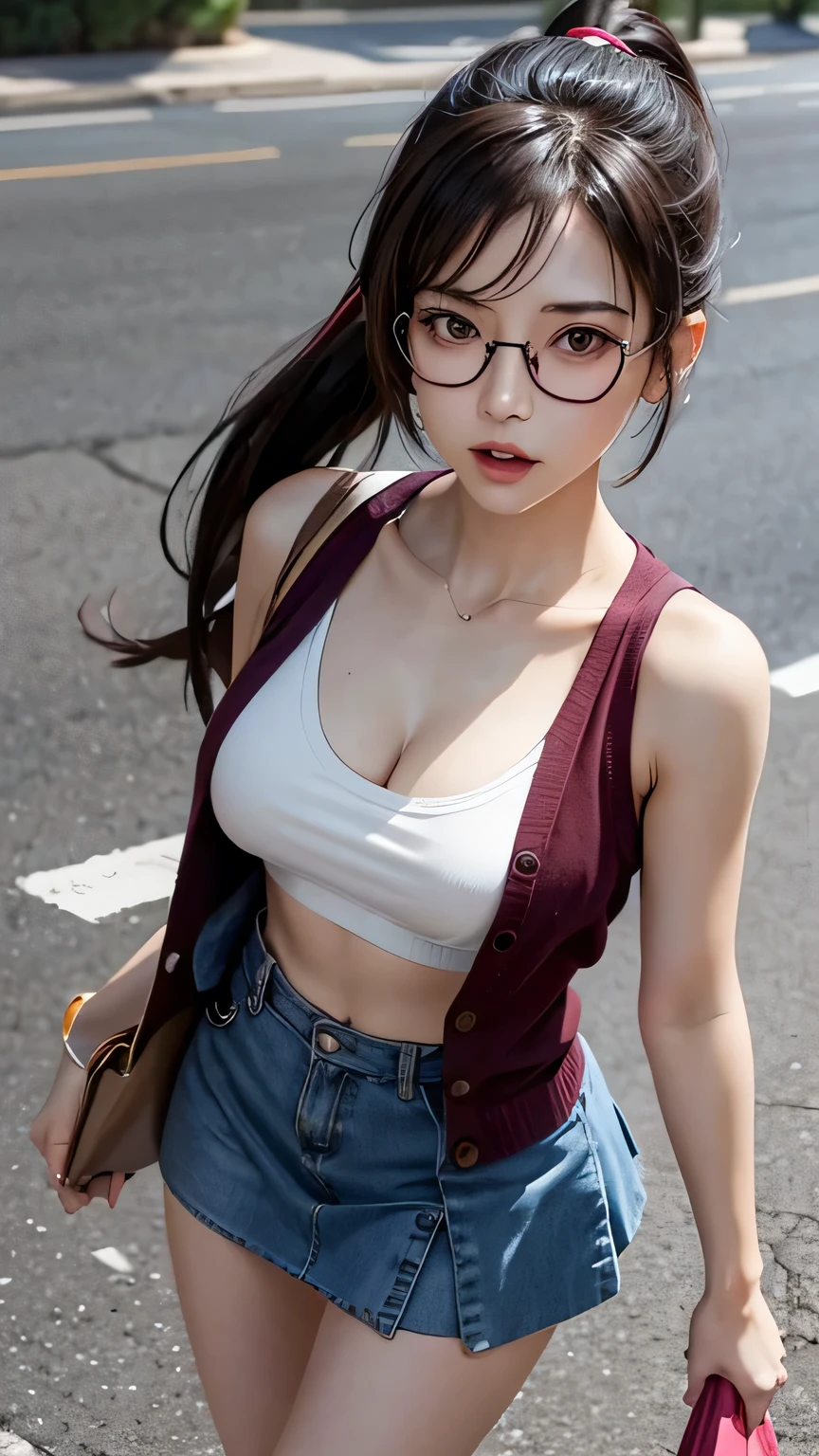 Tifa, wearing sleeveless maroon unbuttoned cardigan, white very thin pushup bra, very short blue hotskirt Have ponytail and square eyeglasses. Moaning face, walking at park