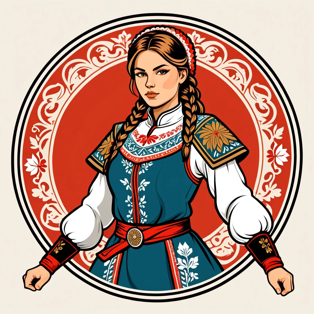female fighter in russian folk outfit ,vector graphics, strong contours, logo design