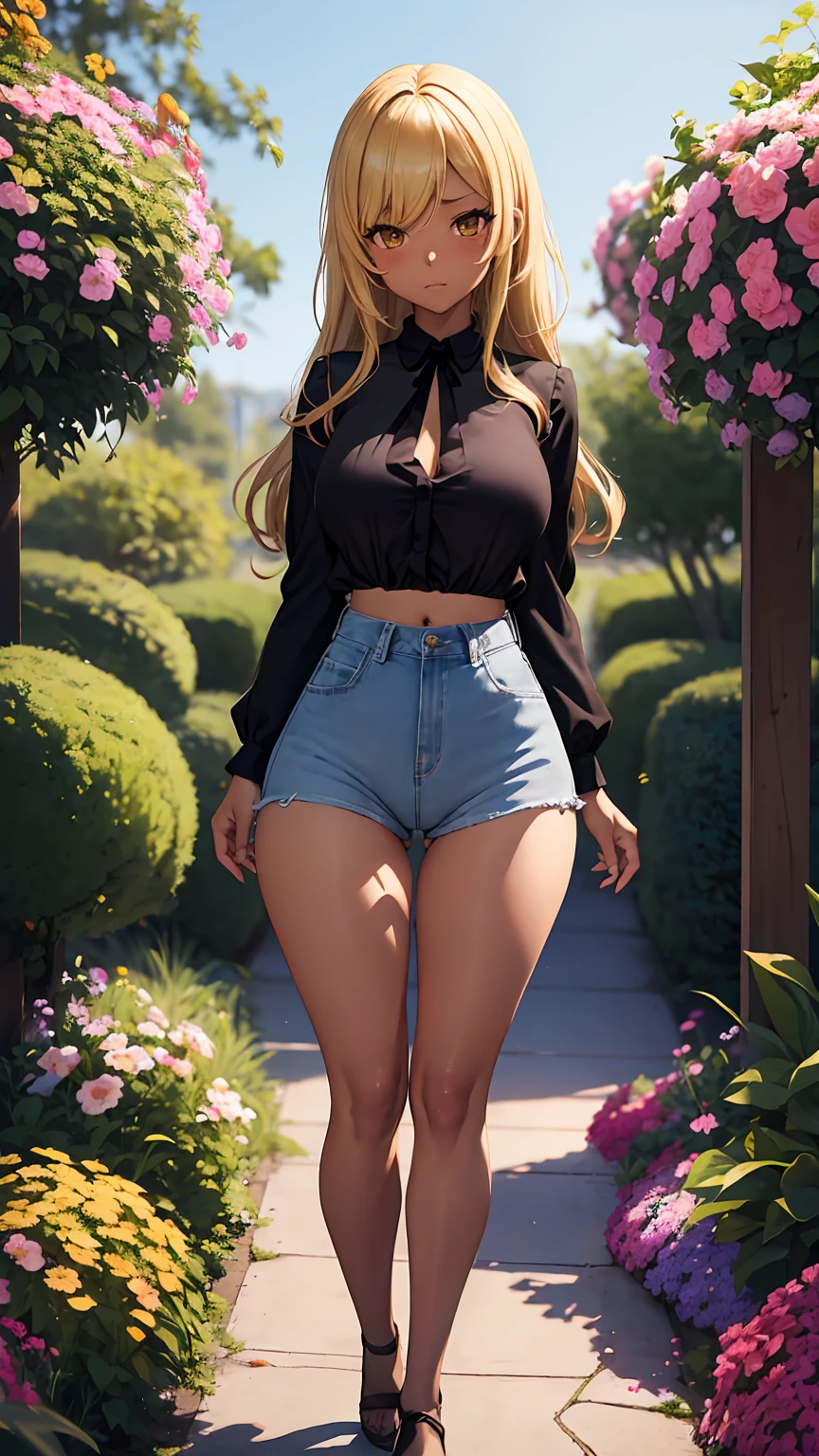 1girl, anime girl, anime, (dark skin), 2d girl, 18y, (fullbody), standing, anime girl, pensive, (blonde hair), ((black blouse)), Solo, Slim, large breasts, big , big Breasts, Tight Shorts, low waist shorts, upshorts, the garden background, trees, flowers, from behind, looking at viewer, darker shadows, (((Wedgie))), (((explicit))), (((shorts))), (((absurdres))), (((thigh gap))), (((cameltoe))), (((cleft of venus))), (((lowleg shorts)))