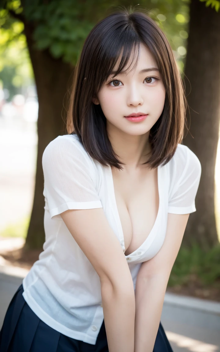 (8k、Live Action、RAW Photos、Highest quality、masterpiece:1.2),(Outdoor,Front lighting:1.2),((Perfect lighting)),(Long Bob Cut),Observe the audience,look up,Hug Pose, strong,erotic,18-year-old,student,White skin,knees,Absurd,Small face,前hairを真ん中から分けます、The forehead is visible,(Embarrassing,Squint your eyes,Glare,strong,skinny,skinny,Irritated)、masterpiece,Highest quality、Ultra-high resolution,One person, One personで,Close-up shot、cute、studentに戻る,(Sporty clothes:1.3,Team Color),high school girl,Japanese women,Are standing,(フォトGenuine:1.37)、Photon Mapping,Genuineistic、cuteSmall face,Brown eyes、prospect、Written boundary depth、Blurred Background、Genuine,(前hairが見える), hair, kneesが見える, thigh,(Nogizaka Idol), actress、Big and ample breasts、Cleavage、Super Fine、Low people々、(Skin with visible pores:1.2)、(Focus on the face)、8 heads、Natural Neck、Check and fix the skeleton