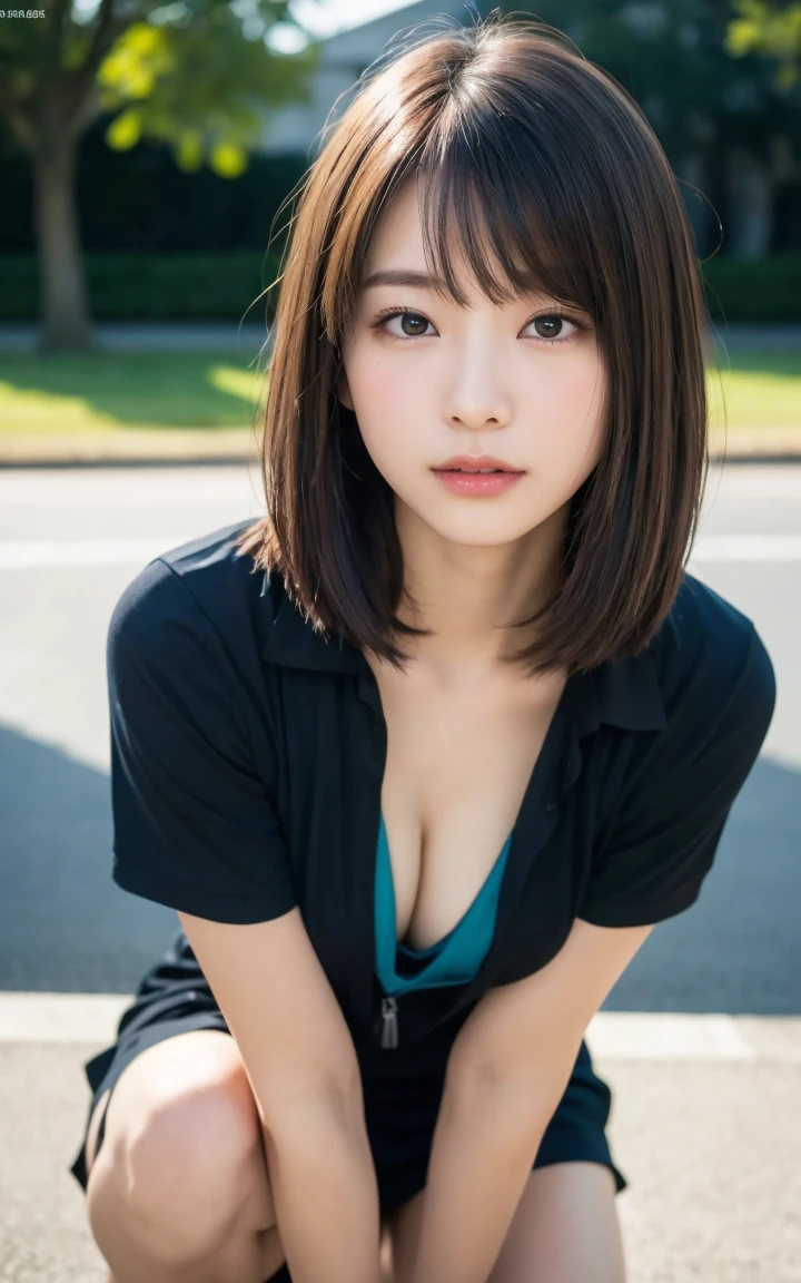 (8k、Live Action、RAW Photos、Highest quality、masterpiece:1.2),(Outdoor,Front lighting:1.2),((Perfect lighting)),(Long Bob Cut),Observe the audience,look up,Hug Pose, strong,erotic,18-year-old,student,White skin,knees,Absurd,Small face,前hairを真ん中から分けます、The forehead is visible,(Embarrassing,Squint your eyes,Glare,strong,skinny,skinny,Irritated)、masterpiece,Highest quality、Ultra-high resolution,One person, One personで,Close-up shot、cute、studentに戻る,(Sporty clothes:1.3,Team Color),high school girl,Japanese women,Are standing,(フォトGenuine:1.37)、Photon Mapping,Genuineistic、cuteSmall face,Brown eyes、prospect、Written boundary depth、Blurred Background、Genuine,(前hairが見える), hair, kneesが見える, thigh,(Nogizaka Idol), actress、Big and ample breasts、Cleavage、Super Fine、Low people々、(Skin with visible pores:1.2)、(Focus on the face)、8 heads、Natural Neck、Check and fix the skeleton