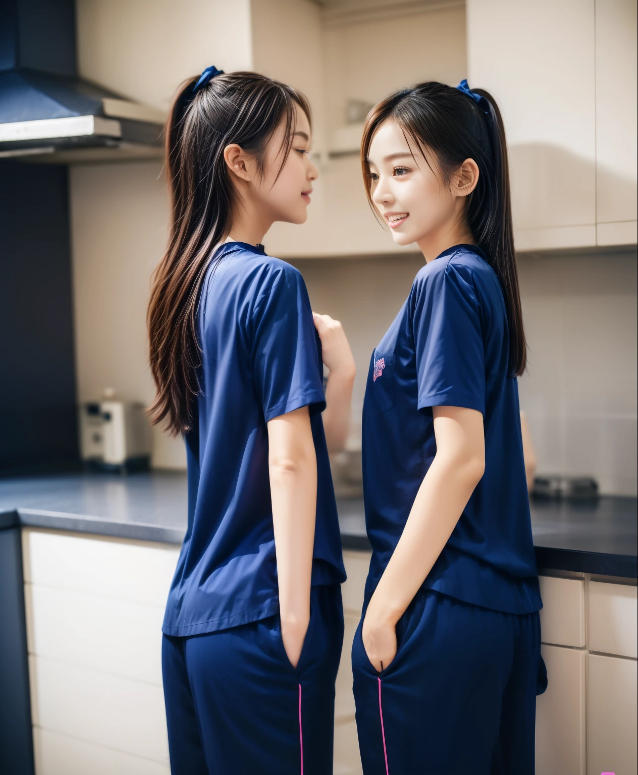(best quality,10,10,height,Masterpiece:1.2),Special details,(realistic,ภาพrealistic,Realistic photos:1.37),1 Cute girl in the kitchen,shiny, ผิวshiny,only,smile softly,BDclothelue shirt:1.3)),short sleeve,shirt, กางเกงขาlong.,(navy_long_track pants:1.1), ((Kitchen Background)),Dynamic angle,excited,Face focus,dynamic poses,from behind,focus on ass,Masterpiece, best quality, ultra realistic, hyper detail, 8k resolution, raw photos, Sharp focus, ((Navy blue shirt:1.1)), short sleeve, เส้นทางlong, perfect body, 2 mature women, 18 years old, Cinema-grade lighting system,blue sweatpants,shirtผ้าออกกำลังกาย,correct anatomy,perfect body, correct body, Sharp face, correct bodyทางกายวิภาค, full body, realistic gestures, long-haired, realistic poses,Wear long shorts...........................,ช่วงขาlong,Good shape,carved girl, Slender figure, model, Good shape, beautiful body,blue sweatpants, two girls kissing