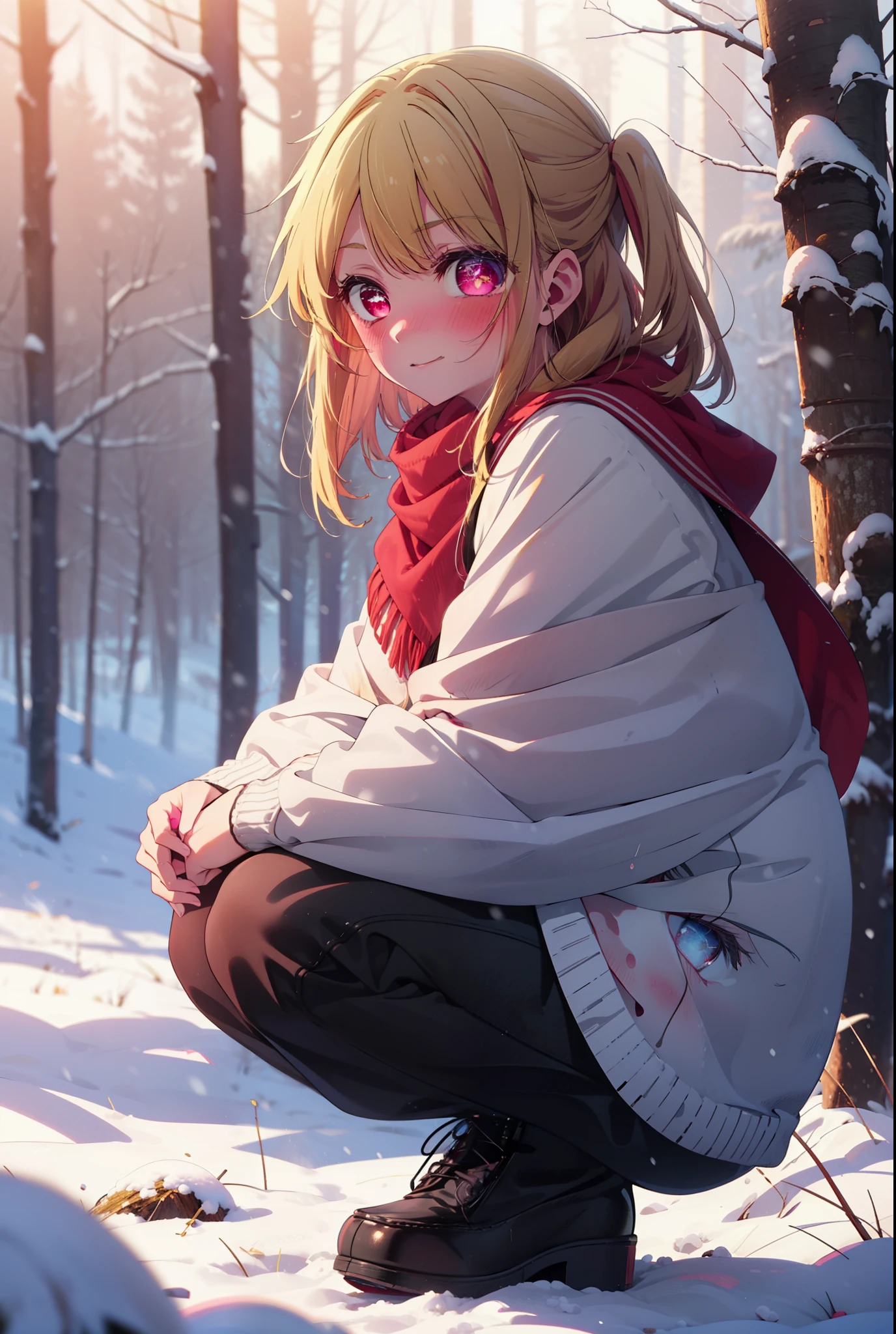 rubyhoshino, Hoshino Ruby, Long Hair, bangs, blonde, (Pink Eyes:1.3), Side Lock, (Symbol-shaped pupil:1.5), Multicolored Hair, Two-tone hair, smile,,smile,blush,white breath,
Open your mouth,snow,Ground bonfire, Outdoor, boots, snowing, From the side, wood, suitcase, Cape, Blurred, , forest, White handbag, nature,  Squat, Mouth closed, Cape, winter, Written boundary depth, Black shoes, red Cape break looking at viewer, Upper Body, whole body, break Outdoor, forest, nature, break (masterpiece:1.2), Highest quality, High resolution, unity 8k wallpaper, (shape:0.8), (Beautiful and beautiful eyes:1.6), Highly detailed face, Perfect lighting, Extremely detailed CG, (Perfect hands, Perfect Anatomy),