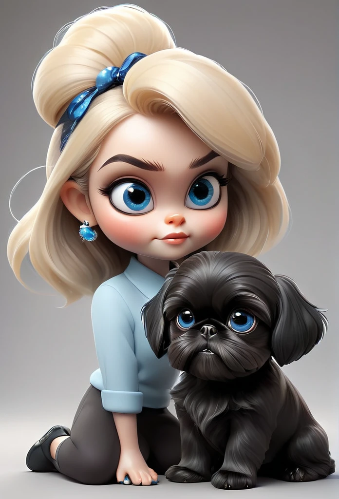 2 adorable very small very black Shih Tzu puppies with big bright blue eyes mischevious stealing shoes from small cute blonde mom 3D Pixar style
