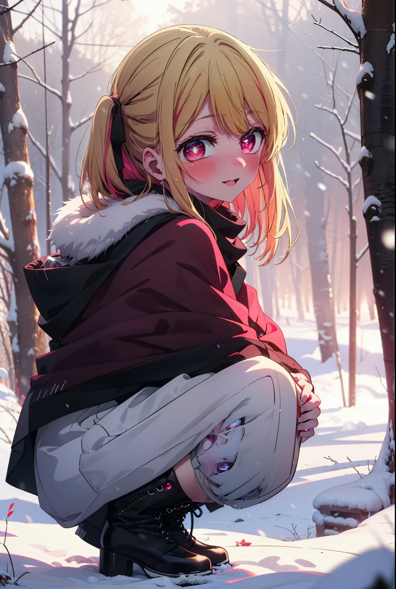 rubyhoshino, Hoshino Ruby, Long Hair, bangs, blonde, (Pink Eyes:1.3), Side Lock, (Symbol-shaped pupil:1.5), Multicolored Hair, Two-tone hair, smile,,smile,blush,white breath,
Open your mouth,snow,Ground bonfire, Outdoor, boots, snowing, From the side, wood, suitcase, Cape, Blurred, , forest, White handbag, nature,  Squat, Mouth closed, Cape, winter, Written boundary depth, Black shoes, red Cape break looking at viewer, Upper Body, whole body, break Outdoor, forest, nature, break (masterpiece:1.2), Highest quality, High resolution, unity 8k wallpaper, (shape:0.8), (Beautiful and beautiful eyes:1.6), Highly detailed face, Perfect lighting, Extremely detailed CG, (Perfect hands, Perfect Anatomy),