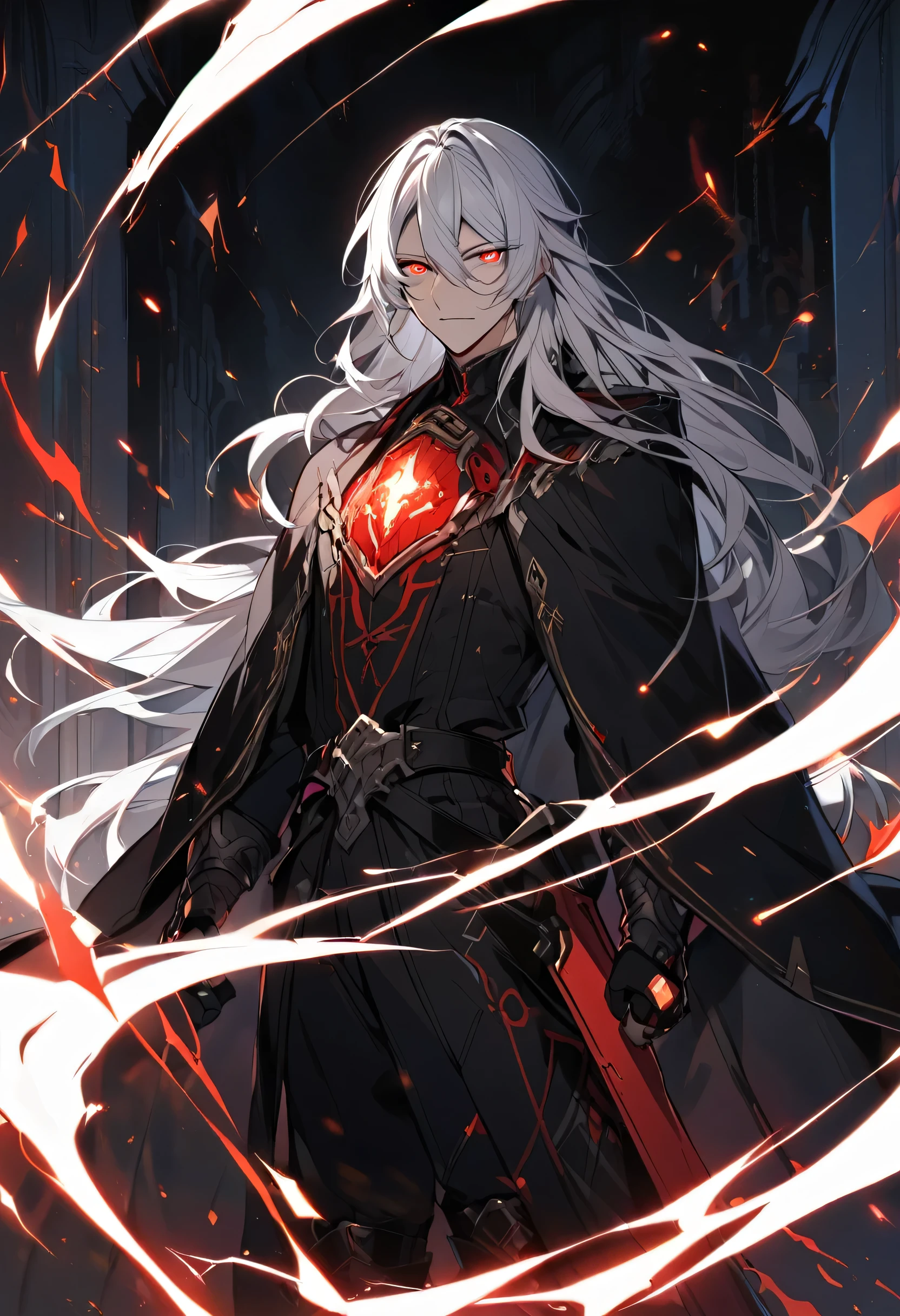 Man, red eyes, white hair, long hair, black cloak, glowing eyes, handsome, young