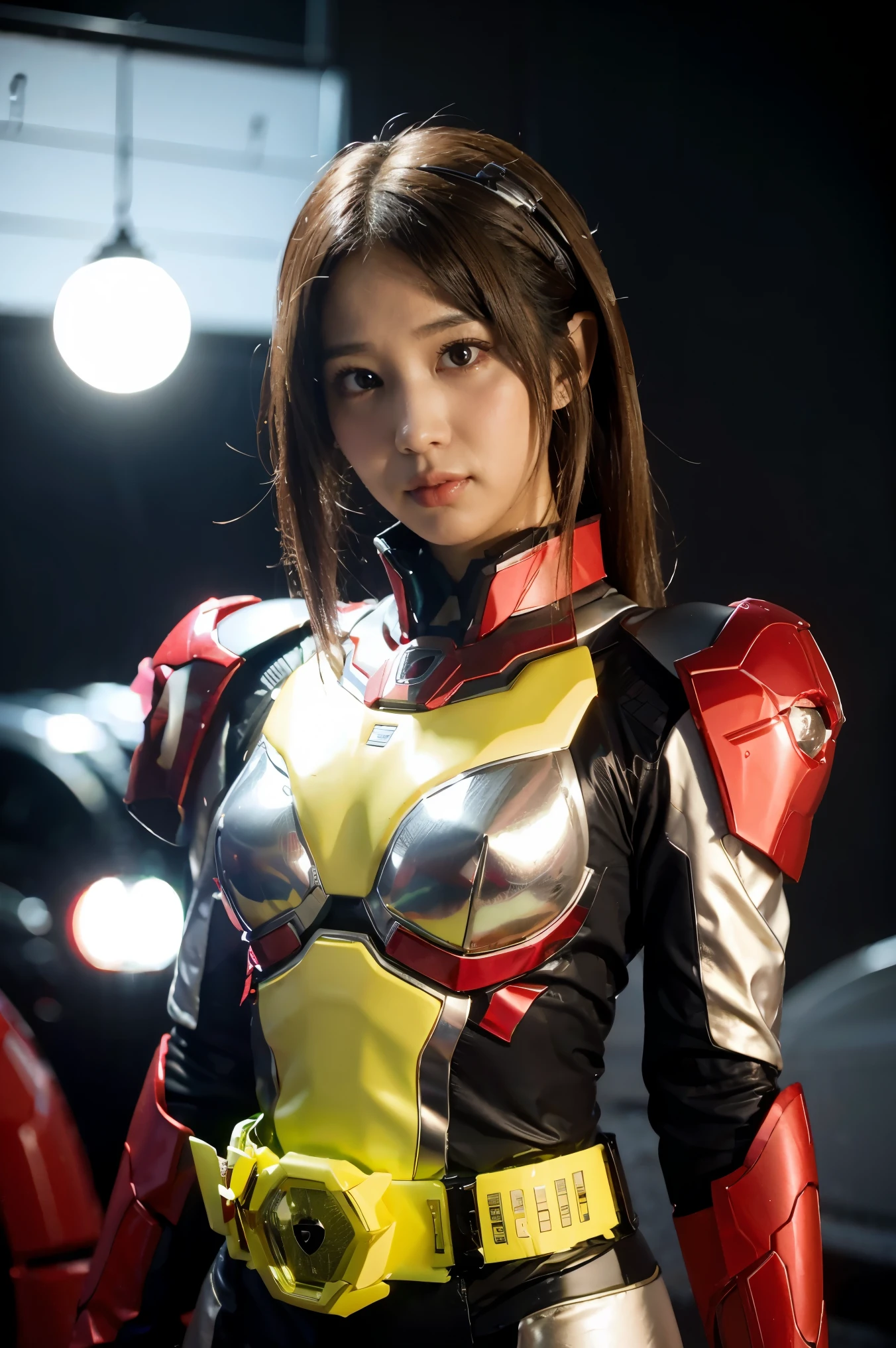 1girl, solo, 8K， Top，hentail realism、Front lighting，Kamen Rider Scarlet_Sun。Metallic body，Crimson shone with a silver glow、Wear a deformed belt、Burn with a righteous heart, She follows the minions of evil々Defeat。The fighting intensified、The last enemy appears。Special moves(Crimson crushed)、Kamen Rider illuminates the darkness。