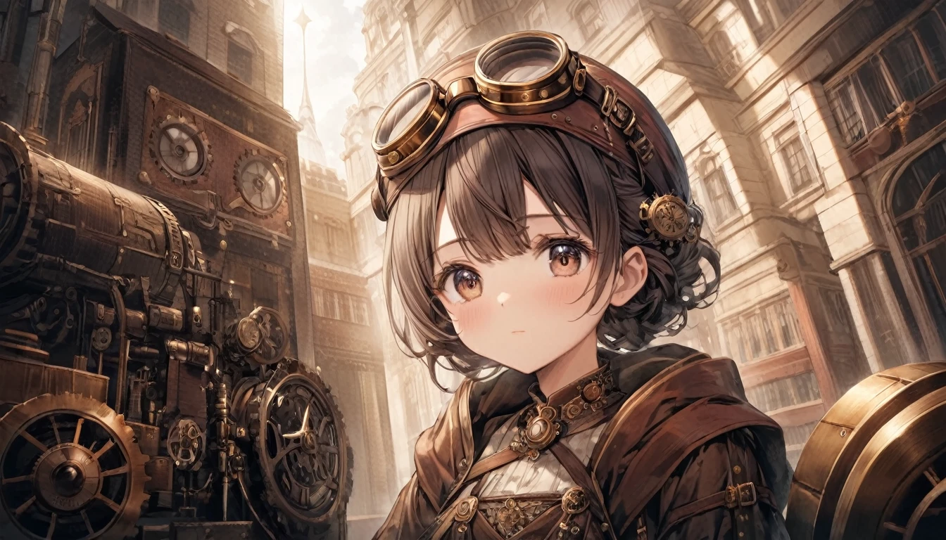 (Face close-up), Steampunk style little princess journey. Little princess. Her dress is adorned with copper and brass ornaments., She has small goggles on her head.. Her eyes sparkle with anticipation of new adventures., , Celebrating her courage and adventurous spirit. . antique, mechanical, Brass and copper tones, gear, Complex, detailed