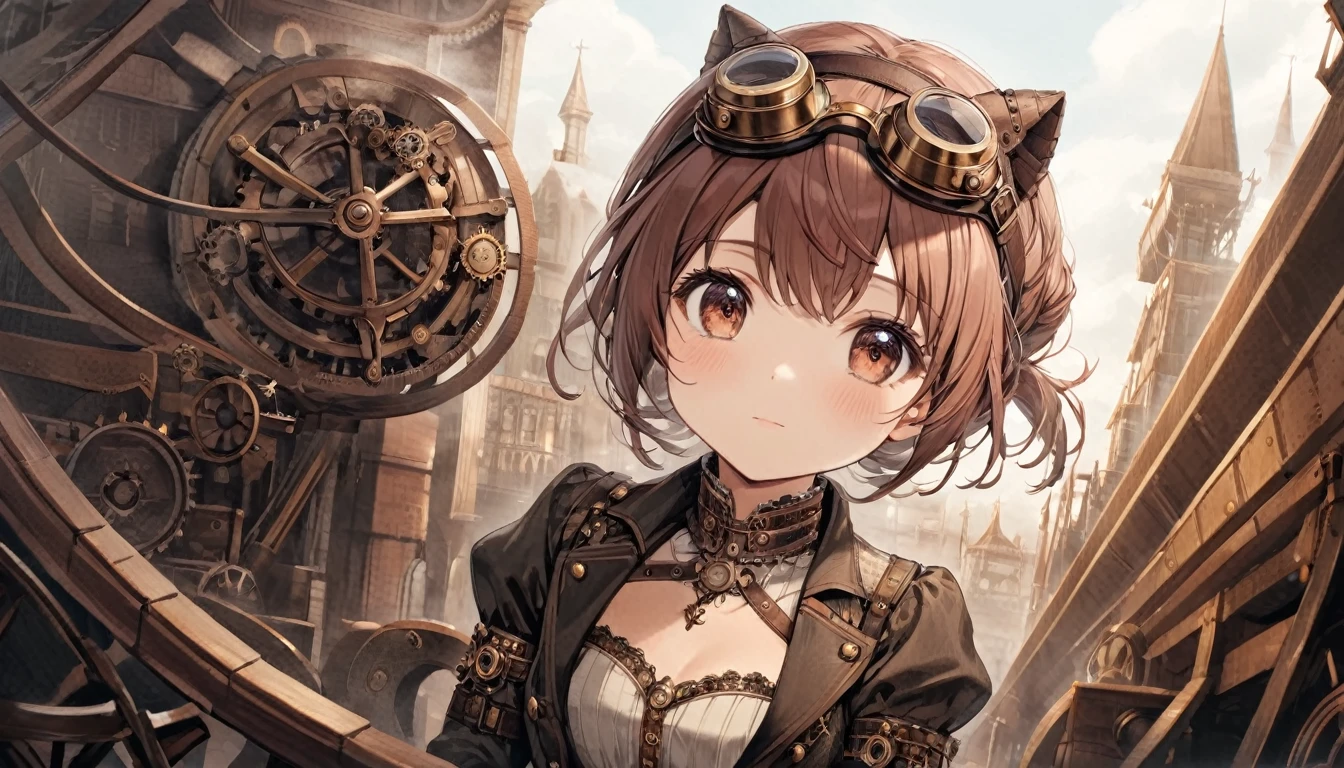 (Face close-up), Steampunk style little princess journey. Little princess. Her dress is adorned with copper and brass ornaments., She has small goggles on her head.. Her eyes sparkle with anticipation of new adventures., , Celebrating her courage and adventurous spirit. . antique, mechanical, Brass and copper tones, gear, Complex, detailed