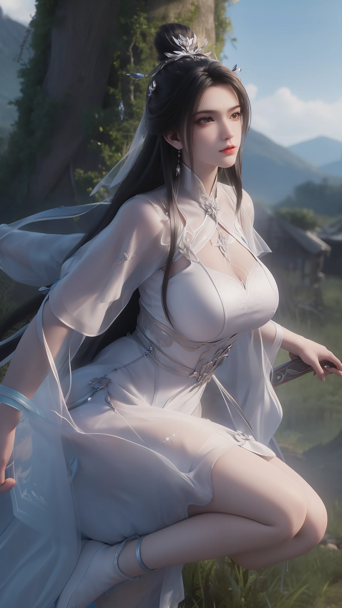 (big breasts:1.4),masterpiece,best quality,official art,extremely detailed CG unity 8k wallpaper,high quality, bare legs,full body,happy,blush, 1girl,thin,(slim body:1.4),looking at viewer,small breasts, 1girl,weapon,sword,earrings,jewelry,long hair,solo,forehead mark,sky,hair ornament,upper body,facial mark,cloud,dress,black hair,blue sky,looking at viewer,white dress,cloudy sky,hair bun,blue hair, mountain peaks,trees,classical chinese style,