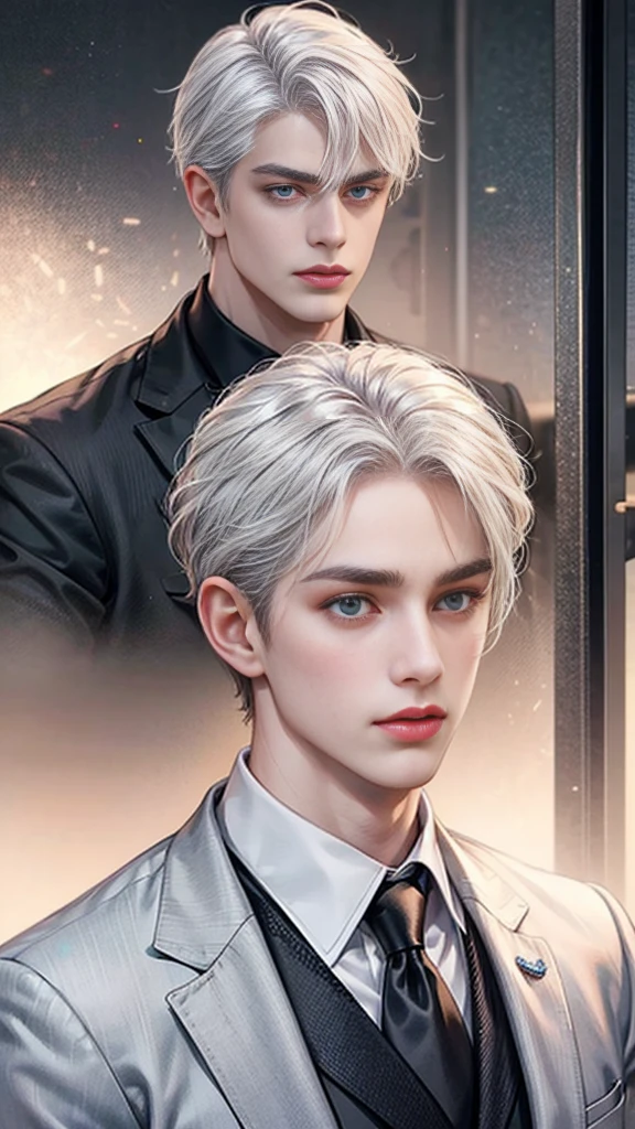 Boys, White hair, blue eyes, Distinctive features, Serious, White skin, Pink lips, shirt, formal jackets.
