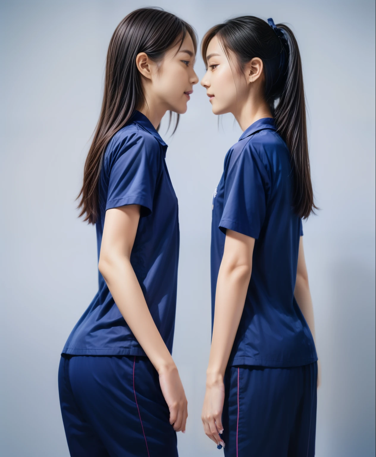 (best quality,10,10,height,Masterpiece:1.2),Special details,(realistic,ภาพrealistic,Realistic photos:1.37),1 Cute girl in the kitchen,shiny, ผิวshiny,only,smile softly,BDclothelue shirt:1.3)),short sleeve,shirt, กางเกงขาlong.,(navy_long_track pants:1.1), ((Kitchen Background)),Dynamic angle,excited,Face focus,dynamic poses,from behind,focus on ass,Masterpiece, best quality, ultra realistic, hyper detail, 8k resolution, raw photos, Sharp focus, ((Navy blue shirt:1.1)), short sleeve, เส้นทางlong, perfect body, 2 mature women, 18 years old, Cinema-grade lighting system,blue sweatpants,shirtผ้าออกกำลังกาย,correct anatomy,perfect body, correct body, Sharp face, correct bodyทางกายวิภาค, full body, realistic gestures, long-haired, realistic poses,Wear long shorts...........................,ช่วงขาlong,Good shape,carved girl, Slender figure, model, Good shape, beautiful body,blue sweatpants, two girls kissing