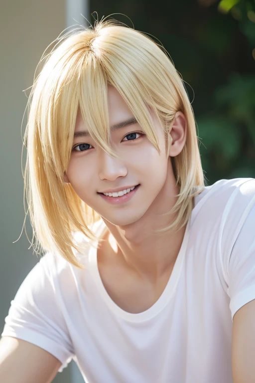 One Man,High resolution, Blonde, smile, K-popアイドル,White T-shirt,Slim and muscular、sexy、Handsome、Long, sharp eyes、Slightly longer hair