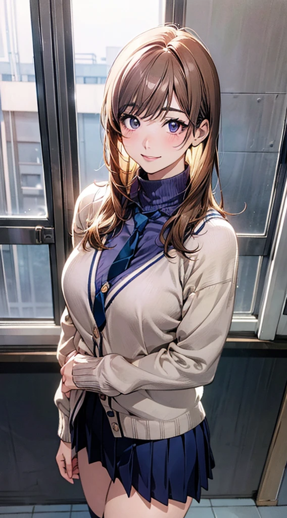 (masterpiece:1.2, top-quality), (realistic, photorealistic:1.4), beautiful illustration, (natural side lighting, movie lighting), NSFW,
looking at viewer, cowboy shot, front view:0.6, 1 girl, japanese, high school girl, perfect face, cute and symmetrical face, shiny skin,
(long hair:1.8, straight hair:1.7, blond hair), asymmetrical bangs, purple eyes, (large breasts:1.1, thick thighs),
beautiful hair, beautiful face, beautiful detailed eyes, beautiful clavicle, beautiful body, beautiful chest, beautiful thigh, beautiful legs, beautiful fingers,
((light blue collared shirts, navy pleated mini skirt, socks, navy tie, light brown cardigan)), pink panties,
(beautiful scenery), evening, school, classroom, curtains, walking, hands on chest, (lovely smile, upper eyes), a woman in a short skirt posing for a picture, masayoshi suto and artgerm, anime visual of a young woman, blue turtleneck, wearing turtleneck, cute anime girl portrait, realistic anime style at pixiv, clean detailed anime art, artstyle : ilya kuvshinov, fubuki, anime visual of a cute girl