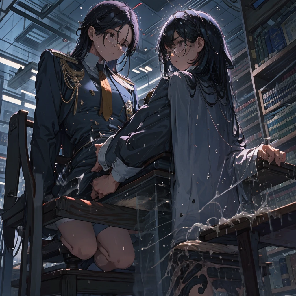 School library, , center parting, black hair, sitting on chair, uniform, glasses, ????????????, convulsions, wet crotch、Love juice, ??????, legs shaking  