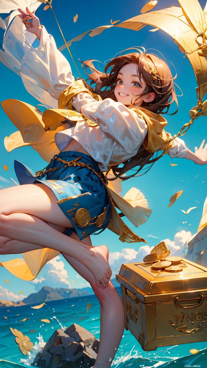 A cute girl with happy enjoy face emotion, holding up a net to catch gold coins in the air with his hand, t treasure box with "KYC" text on it, golden ingots floating around him. blue sea background with coins,