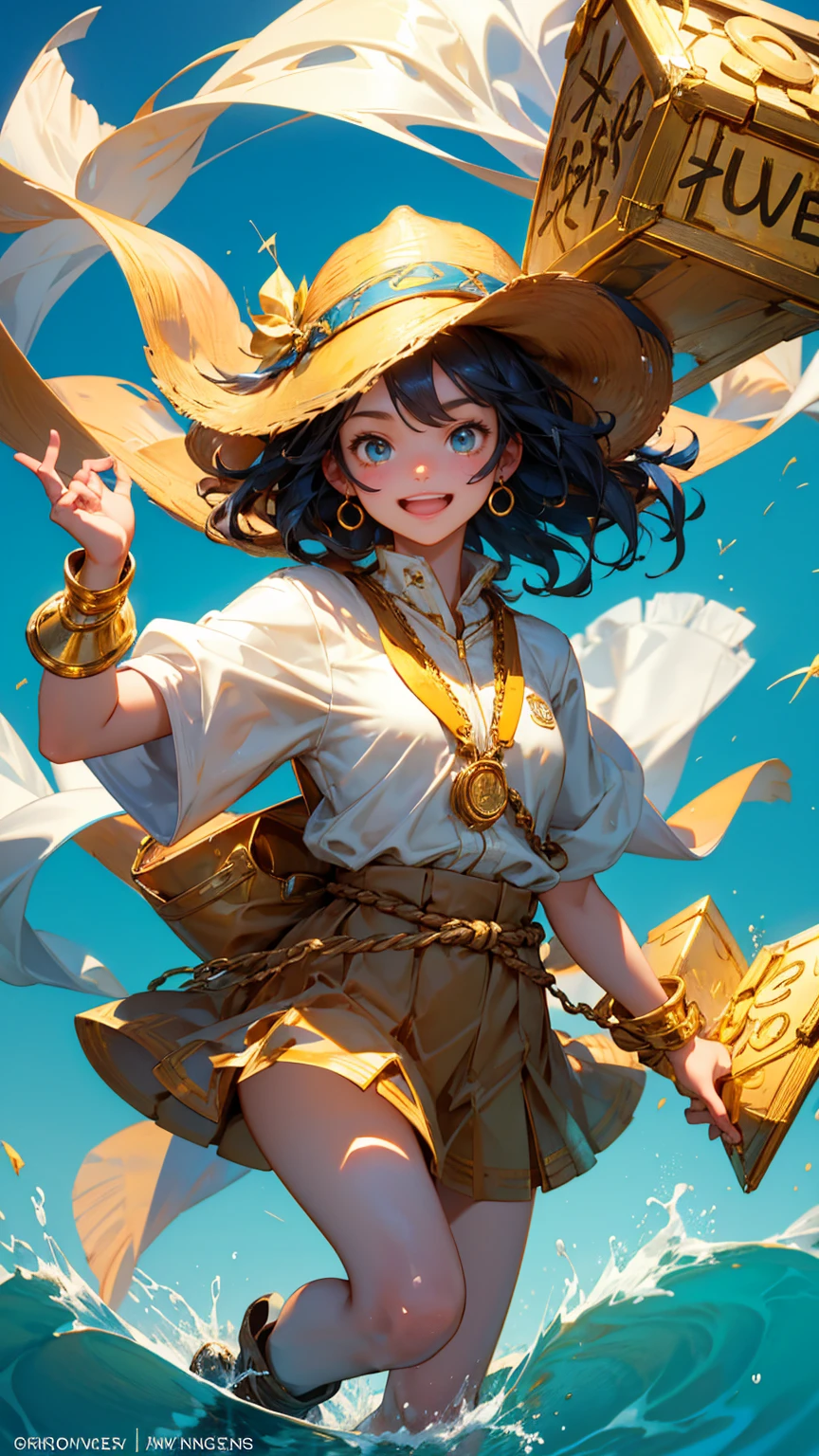A cute girl with happy enjoy face emotion, holding up a net to catch gold coins in the air with his hand, t treasure box with "KYC" text on it, golden ingots floating around him. blue sea background with coins,
