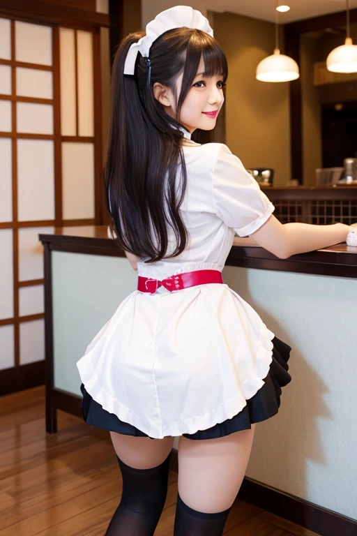 Japanese woman working at maid cafe, 22 years old, high heels, mini skirt, maid outfit, glossy lips, angle from behind