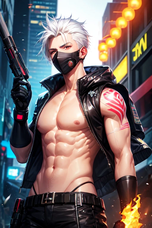 man with white hair, cyberpunk style mouth covers with red lights, shirtless with flame tattoos on his abdomen