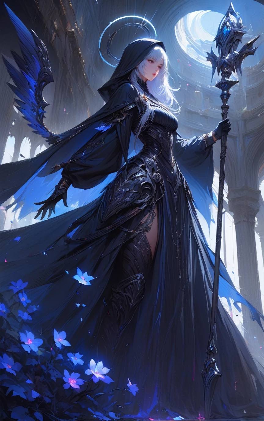 A fierce and enigmatic nun stands in a dimly lit, mystical environment surrounded by glowing flowers and an ethereal light. She has long silver hair and intense, glowing pink eyes. Her attire is a combination of dark gothic and futuristic elements, featuring a hooded black cloak with intricate details, leather straps, and metal ornaments. She wields a large, glowing staff with sharp, menacing designs. The background is adorned with a large halo-like light and gothic architecture, adding to the mystical and powerful atmosphere. The overall scene is highly detailed and captures the essence of a dark, mystical warrior nun. (masterpiece: 2), best quality, ultra highres, original, extremely detailed, perfect lighting and perfect face