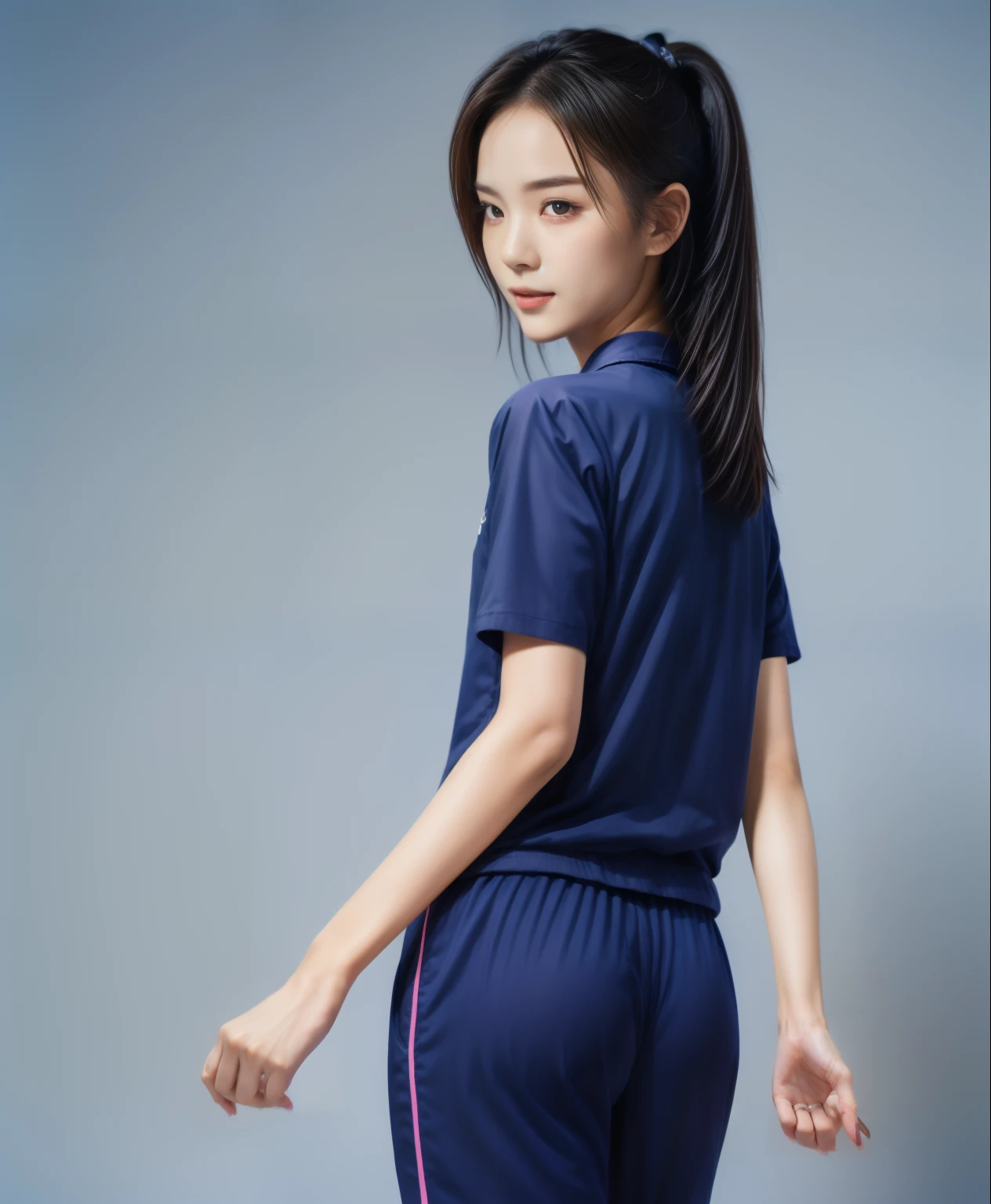 (best quality,10,10,height,Masterpiece:1.2),Special details,(realistic,ภาพrealistic,Realistic photos:1.37),1 Cute girl in the kitchen,shiny, ผิวshiny,only,smile softly,BDclothelue shirt:1.3)),short sleeve,shirt, กางเกงขาlong.,(navy_long_track pants:1.1), ((Kitchen Background)),Dynamic angle,excited,Face focus,dynamic poses,from behind,focus on ass,Masterpiece, best quality, ultra realistic, hyper detail, 8k resolution, raw photos, Sharp focus, ((Navy blue shirt:1.1)), short sleeve, เส้นทางlong, perfect body, 2 mature women, 18 years old, Cinema-grade lighting system,blue sweatpants,shirtผ้าออกกำลังกาย,correct ???????,perfect body, correct body, Sharp face, correct bodyทางกายวิภาค, full body, realistic gestures, long-haired, realistic poses,Wear long shorts...........................,ช่วงขาlong,Good shape,carved girl, Slender figure, model, Good shape, beautiful body,blue sweatpants, two girls kissing