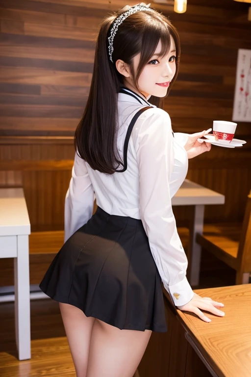 Japanese woman working at maid cafe, 22 years old, high heels, mini skirt, maid outfit, glossy lips, angle from behind