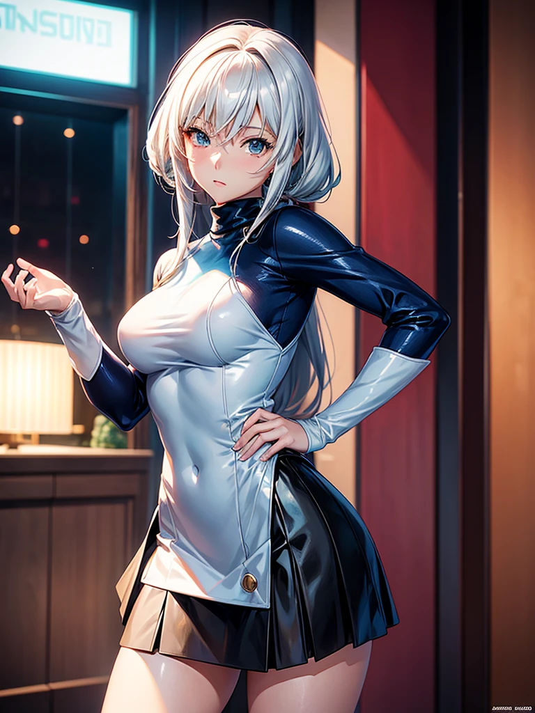 1 girl, ((Girl is curvy and slim, attractive and tall)), ((Girl has long silver hair)), ((purple and blue eyes)), ((Girl wears a black latex shirt, white jacket, short white pleated skirt, black stocking)), ((Girl is in the bedroom)), ((Girl is looking at viewer, serious, hands on hips)), 8k, ray tracing, night, zooming out