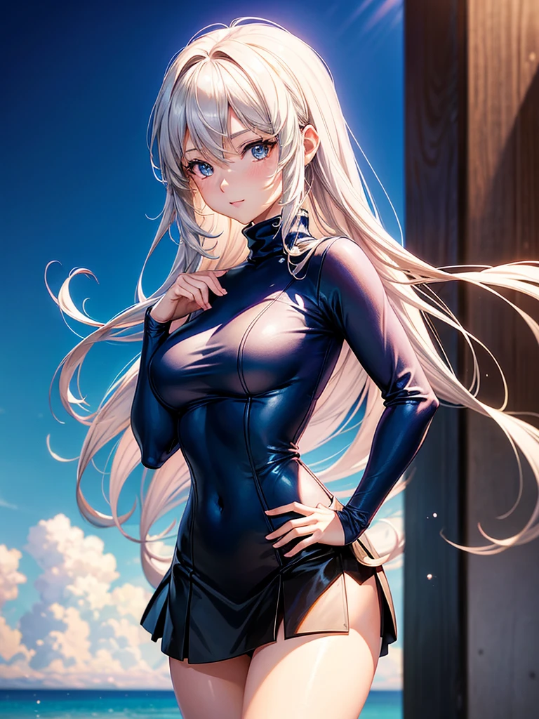 a woman in a short skirt posing for a picture, masayoshi suto and artgerm, anime visual of a young woman, blue turtleneck, wearing turtleneck, cute anime girl portrait, realistic anime style at pixiv, clean detailed anime art, artstyle : ilya kuvshinov, fubuki, anime visual of a cute girl