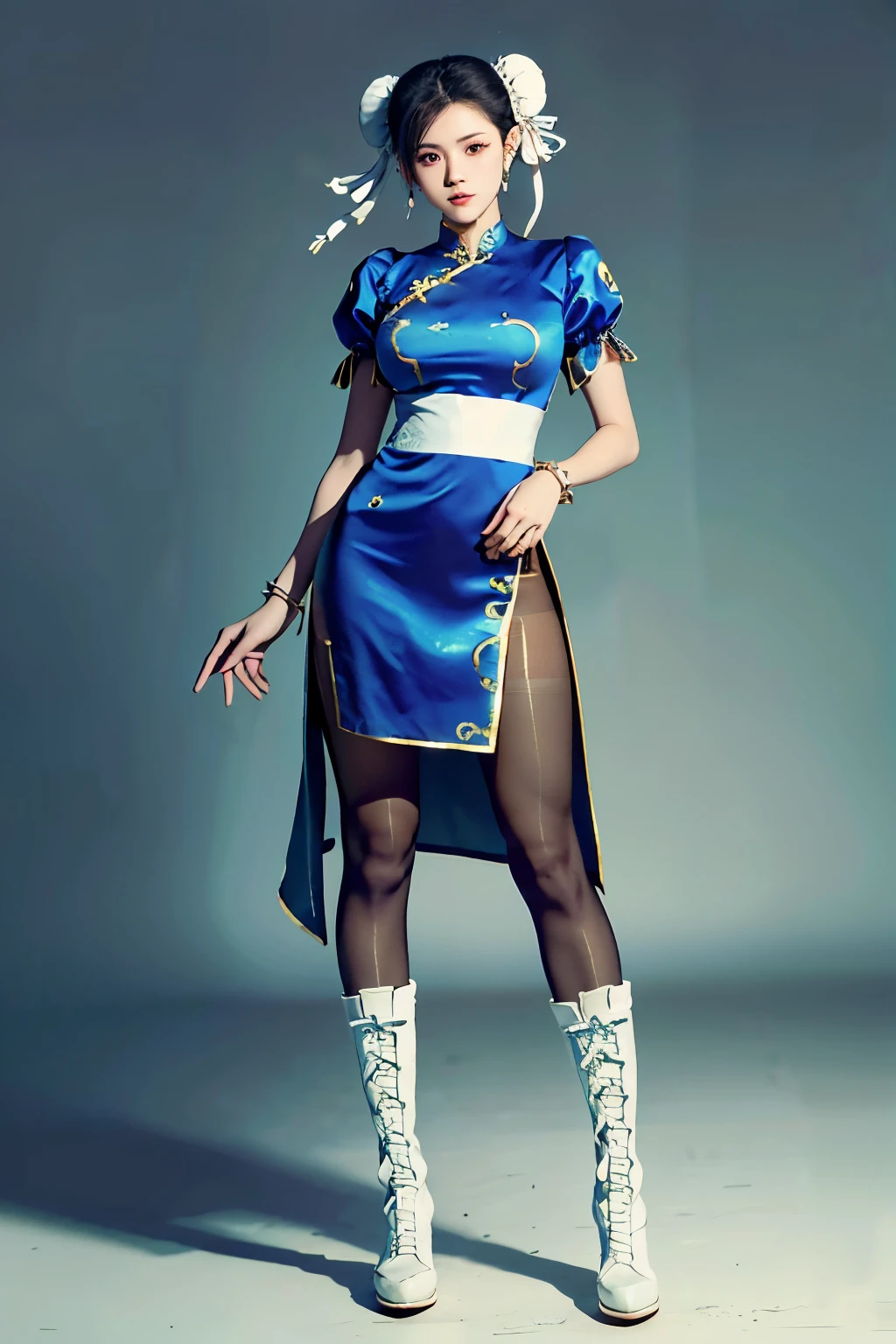 (RAW shooting, Photoreal:1.5, 8k, highest quality, masterpiece, ultra high resolution), perfect dynamic composition:1.2, Highly detailed skin and facial textures:1.2, chunli:1, beautiful and aesthetic:1.2, sexy beauty, perfect style, belief, Strong-willed, revenge, Fair skin, very beautiful face, (wearing a sexy china dress:1.2), (beautiful eyes, Eyes that feel beautiful eros:1.0), (Too erotic:0.9, Bewitching:0.9), (full body photo:1.4), (perfect limbs:1.2), (perfect fingers:1.2),(Bun head,bun cover,boots, bracelet, brown pantyhose, chinese clothes, cross-laced footwear, dress, gold trim, jewelry, pantyhose, pelvic curtain, puffy sleeves, sash, short sleeves, side slit, spiked bracelet, spikes and white footwear,large breast:2,chest gap),(simple background:1.4),(knees together),(standing:1.4),