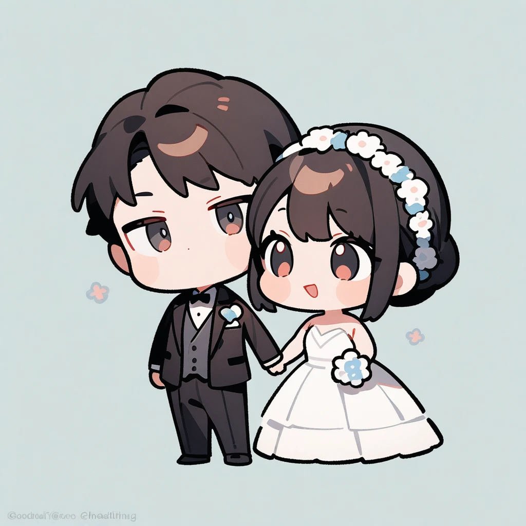 Chibi style，charming，masterpiece, best quality, 8K, couple（A man and a woman），Men's suits，Woman wedding dress，Clean background