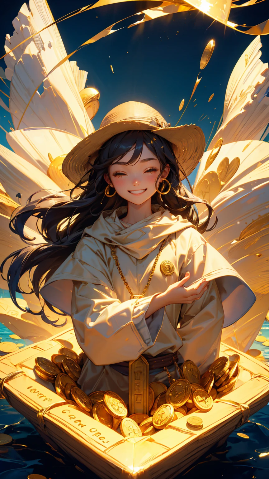 A cute girl with happy enjoy face emotion, holding up a net to catch gold coins in the air with his hand, t treasure box with "KYC" text on it, golden ingots floating around him. sliver sea background with coins around,