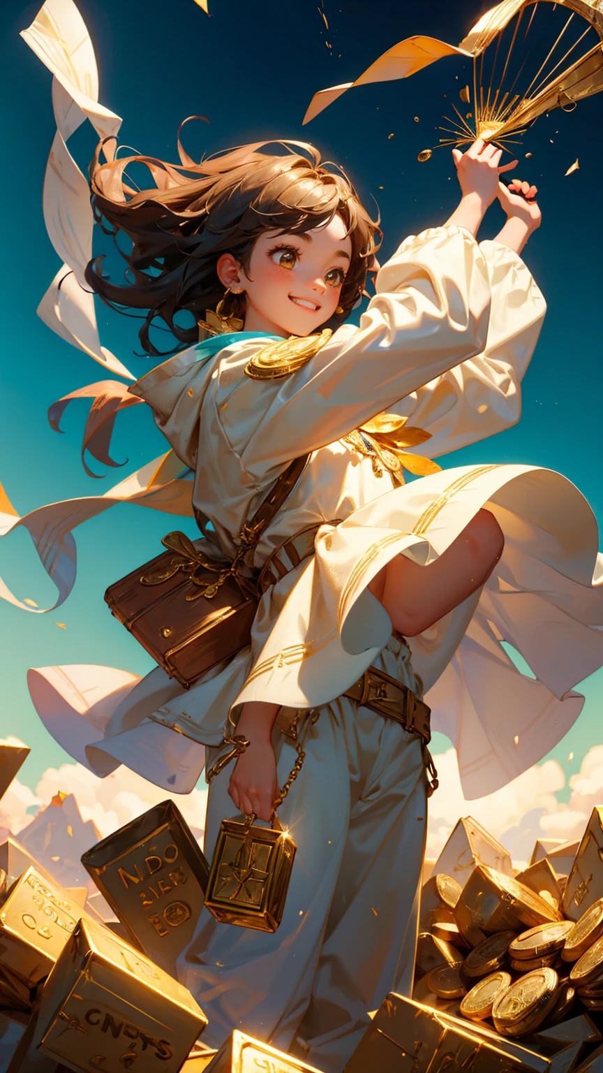 A cute girl with happy enjoy face emotion, holding up a net to catch gold coins in the air with his hand, t treasure box with "KYC" text on it, golden ingots floating around him. sliver sea background with coins around,
