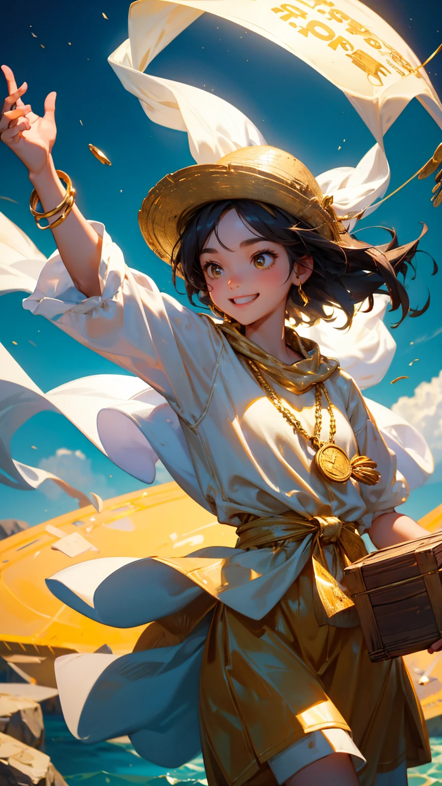 A cute girl with happy enjoy face emotion, holding up a net to catch gold coins in the air with his hand, t treasure box with "KYC" text on it, golden ingots floating around him. sliver sea background with coins around,