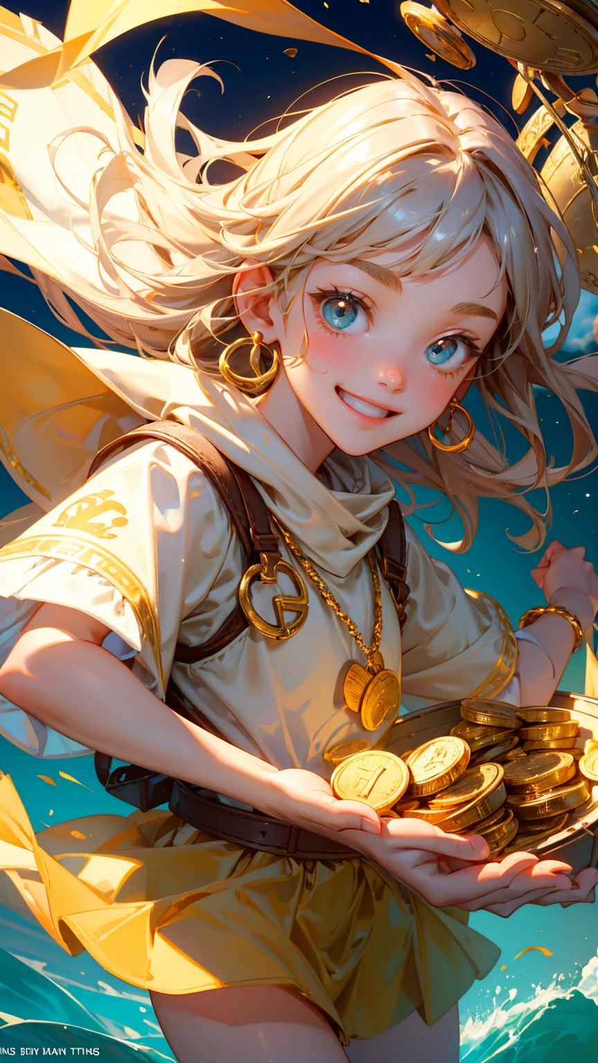 A cute girl with happy enjoy face emotion, holding up a net to catch gold coins in the air with his hand, t treasure box with "KYC" text on it, golden ingots floating around him. sliver sea background with coins around,