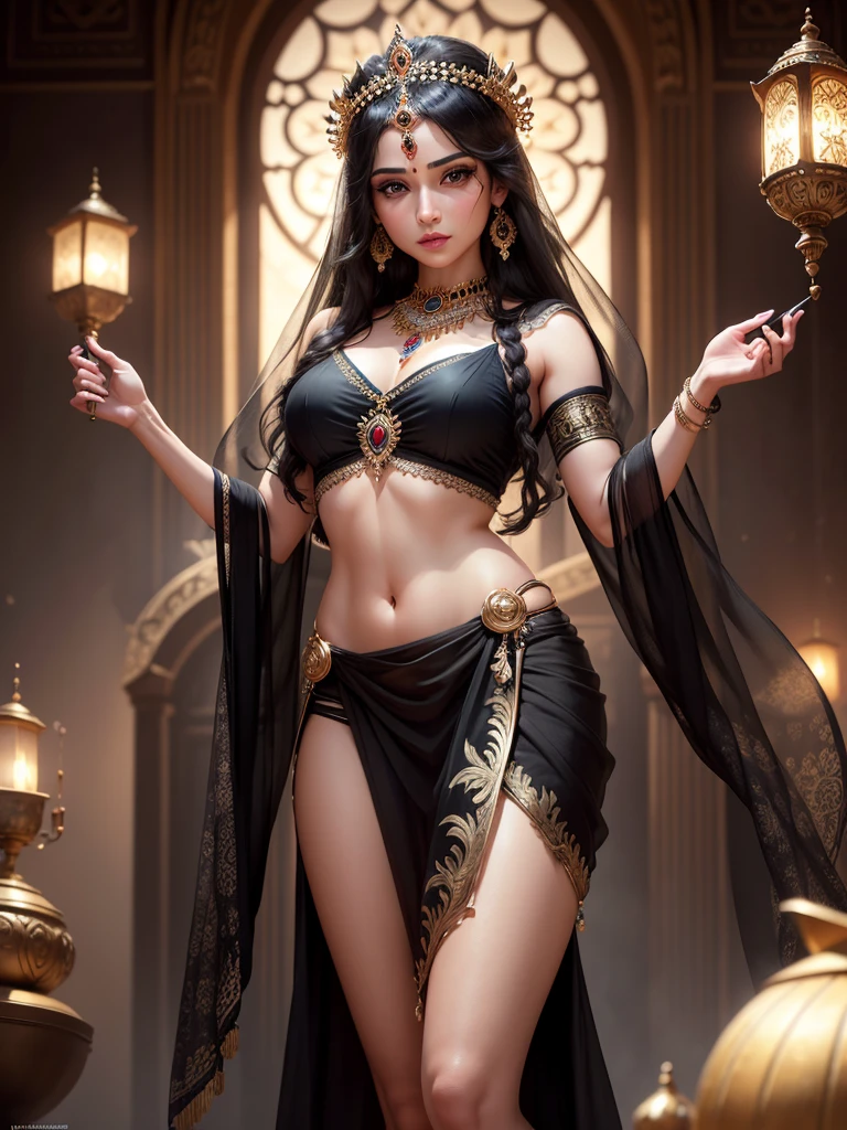 beautiful detailed eyes, beautiful detailed lips, extremely detailed eyes and face, long eyelashes, 1girl, beautiful indian goddess, transparent open black sari, dynamic pose, god's crown, lion standing nearby, colorful, eye-catching, heavenly, best quality, 4k, 8k, highres, masterpiece:1.2, ultra-detailed, realistic, photorealistic, photo-realistic:1.37, HDR, UHD, studio lighting, ultra-fine painting, sharp focus, physically-based rendering, extreme detail description, professional, vivid colors, bokeh