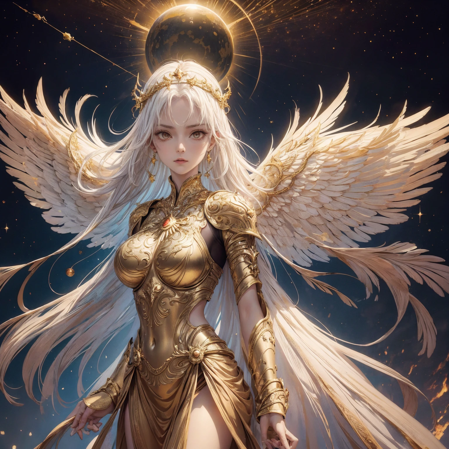 Art of Woman Wearing Sun Crown, Wearing a gorgeous golden metal bra and breastplate that reveals a little skin above the chest, Wearing a gorgeous golden dress with cosmic stars inside, A pair of giant angel wings taller than the body spread out behind the woman., ancient goddess art, Sacredness. Very detailed, Mysterious inspiration, Inspiration from the Sun God, Religious inspiration, A divine background, Cold and snobbish face, Dangerous expressions, White hair, Standing pose floating in the air, One hand reaches out to the sky while the other hand holds a brilliant orb as bright as the sun., Full body portrait, Gothic art style, Weird art style, Occult art, Halo of angels, contempt eyes, Divine light, Wide-angle lens, Upward Shot