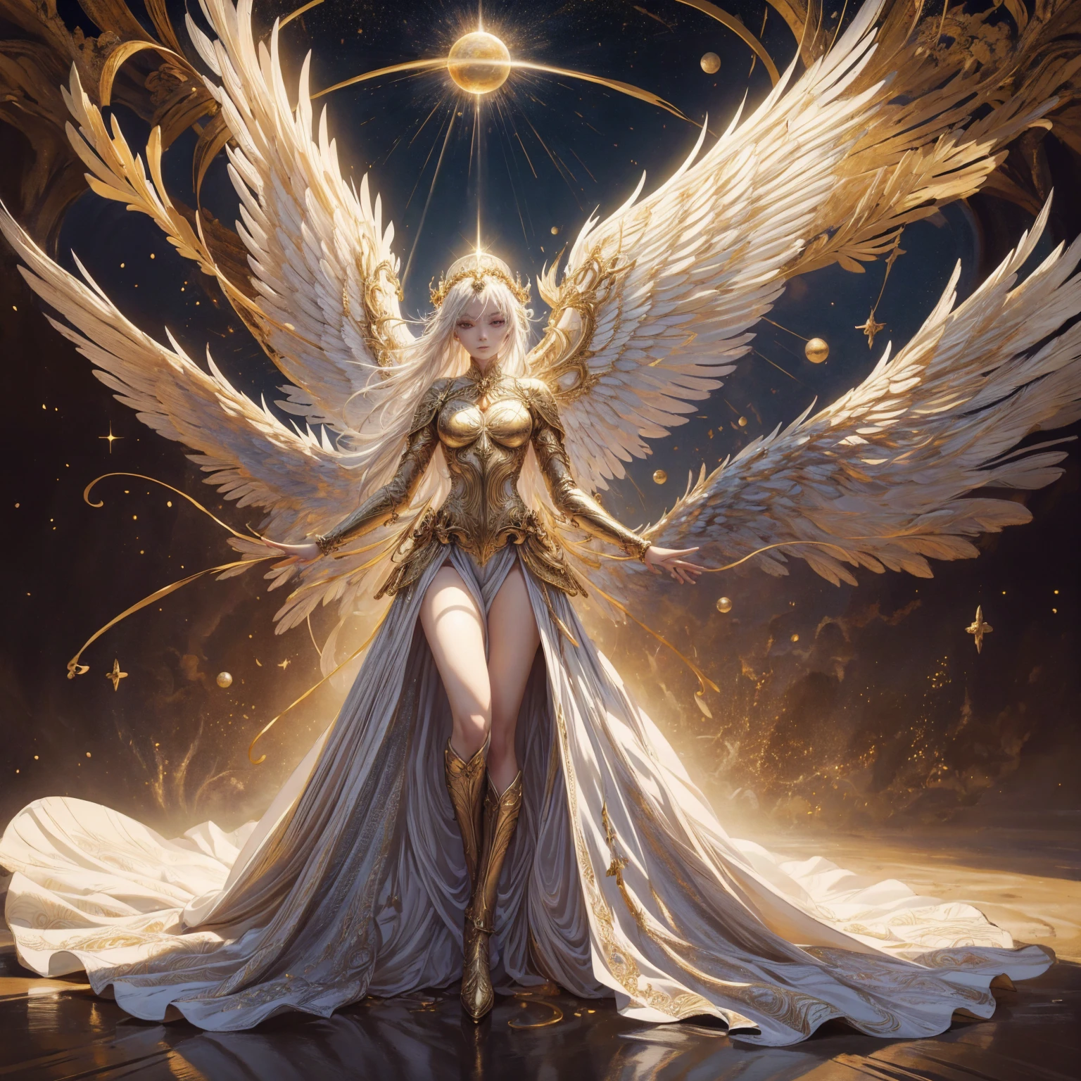 Art of Woman Wearing Sun Crown, Wearing a gorgeous golden metal bra and breastplate that reveals a little skin above the chest, Wearing a gorgeous golden dress with cosmic stars inside, A pair of giant angel wings taller than the body spread out behind the woman., ancient goddess art, Sacredness. Very detailed, Mysterious inspiration, Inspiration from the Sun God, Religious inspiration, A divine background, Cold and snobbish face, Dangerous expressions, White hair, Standing pose floating in the air, One hand reaches out to the sky while the other hand holds a brilliant orb as bright as the sun., Full body portrait, Gothic art style, Weird art style, Occult art, Halo of angels, contempt eyes, Divine light, Wide-angle lens, Upward Shot