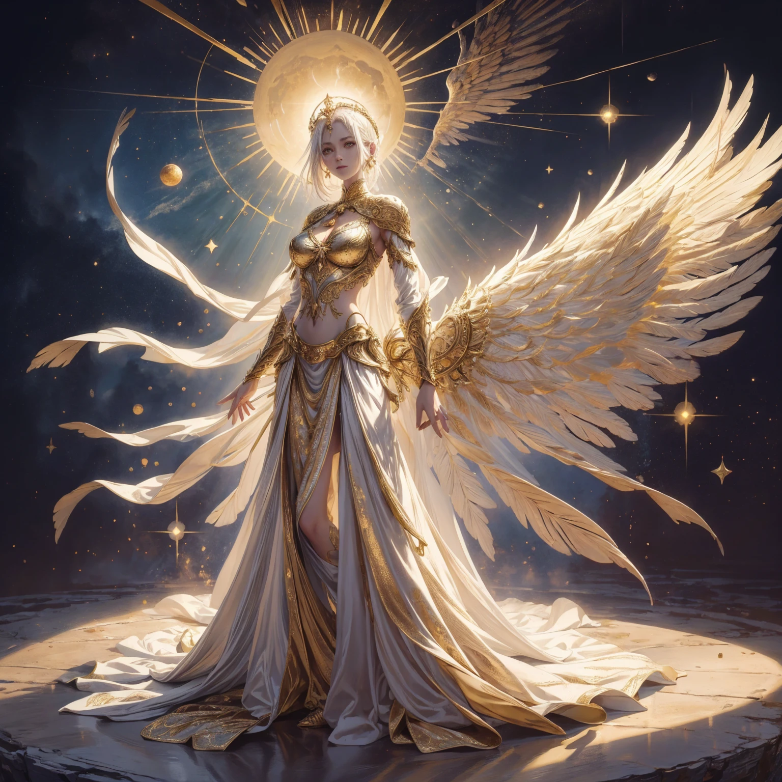 Art of Woman Wearing Sun Crown, Wearing a gorgeous golden metal bra and breastplate that reveals a little skin above the chest, Wearing a gorgeous golden dress with cosmic stars inside, A pair of giant angel wings taller than the body spread out behind the woman., ancient goddess art, Sacredness. Very detailed, Mysterious inspiration, Inspiration from the Sun God, Religious inspiration, A divine background, Cold and snobbish face, Dangerous expressions, White hair, Standing pose floating in the air, One hand reaches out to the sky while the other hand holds a brilliant orb as bright as the sun., Full body portrait, Gothic art style, Weird art style, Occult art, Halo of angels, contempt eyes, Divine light, Wide-angle lens, Upward Shot