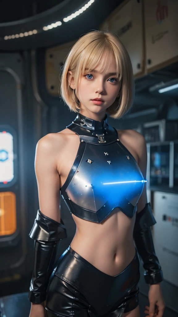 A short straight blonde haired british girl, bang, bob cut, blue eyes, 15 years, young, pale skin, slender body, small breast, tiny chest, Ultra high res, uhd, (photorealistic:1.4), doll-like face, futuristic armor, plasma sword