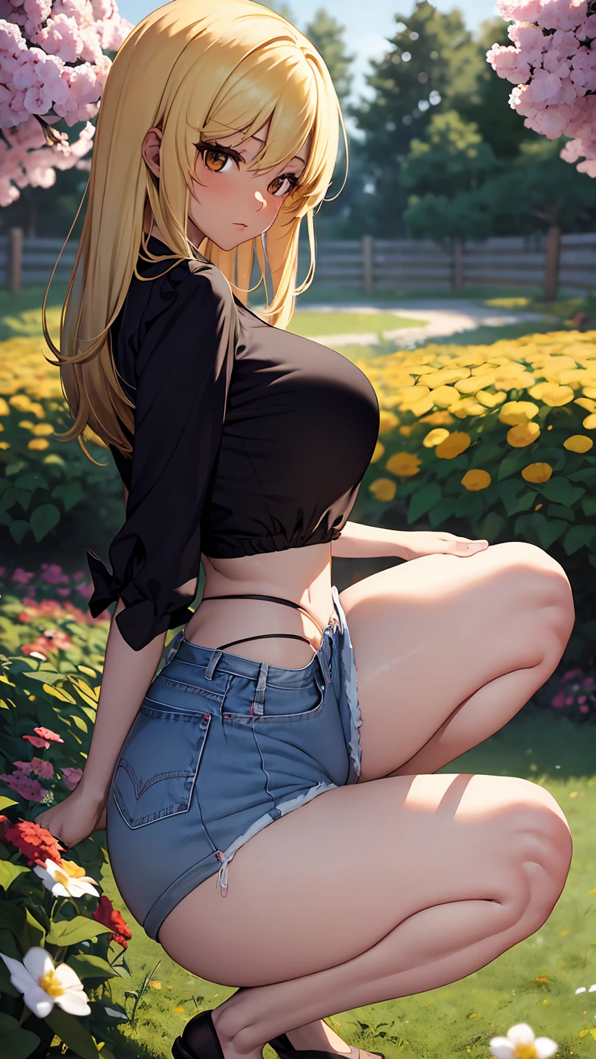 1girl, anime girl, anime, (dark skin), 2d girl, 18y, (fullbody), anime girl, pensive, (blonde hair), ((black blouse)), Solo, Slim, large breasts, big , big Breasts, Tight Shorts, low waist shorts, upshorts, the garden background, trees, flowers, (from behind), (squatting), looking at viewer, darker shadows, (((Wedgie))), (((explicit))), (((shorts))), (((absurdres))), (((thigh gap))), (((cameltoe))), (((cleft of venus))), (((lowleg shorts)))