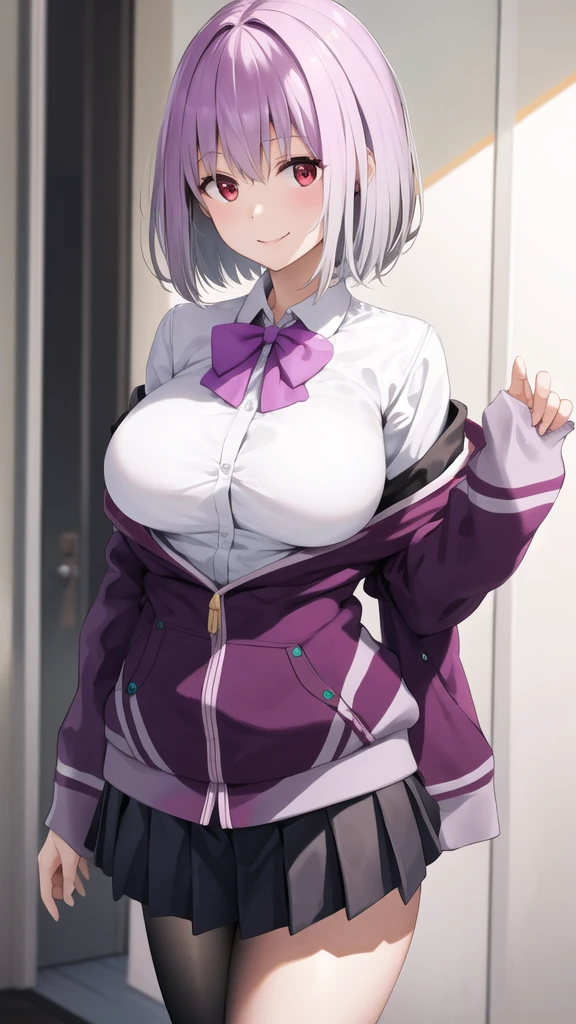 masterpiece, Highest quality, High resolution,low length、high school student, Smile、short hair, Red eyes, Large Breasts, Purple bow tie, Collared shirt, White shirt, Off the shoulder, Purple Jacket, Partially defrosted, Long sleeve, Sleeves are longer than the wrist, Pleated skirt, Black Skirt, pantyhose, Cowboy Shot, Are standing, null,