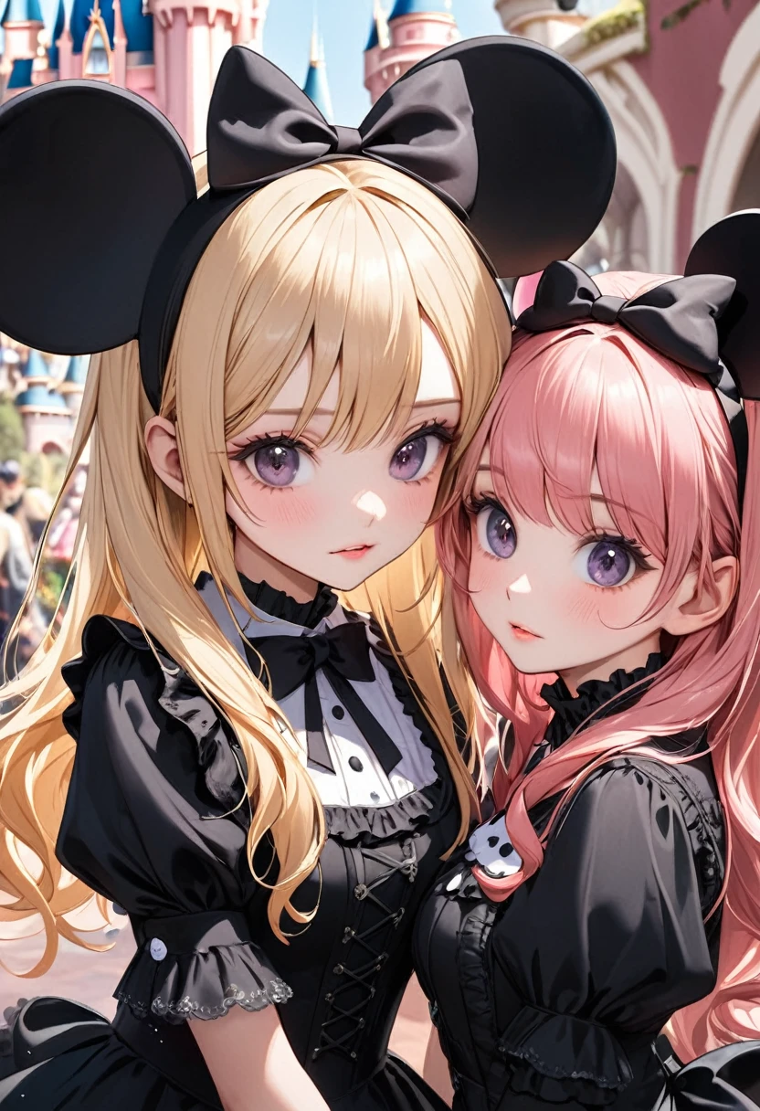 Two beautiful girls wearing Mickey and Minnie Mouse ears headbands, black gothic lolita outfits, pink hair and long blonde hair, delicate facial features, perfect hand angle, background is inside Disneyland