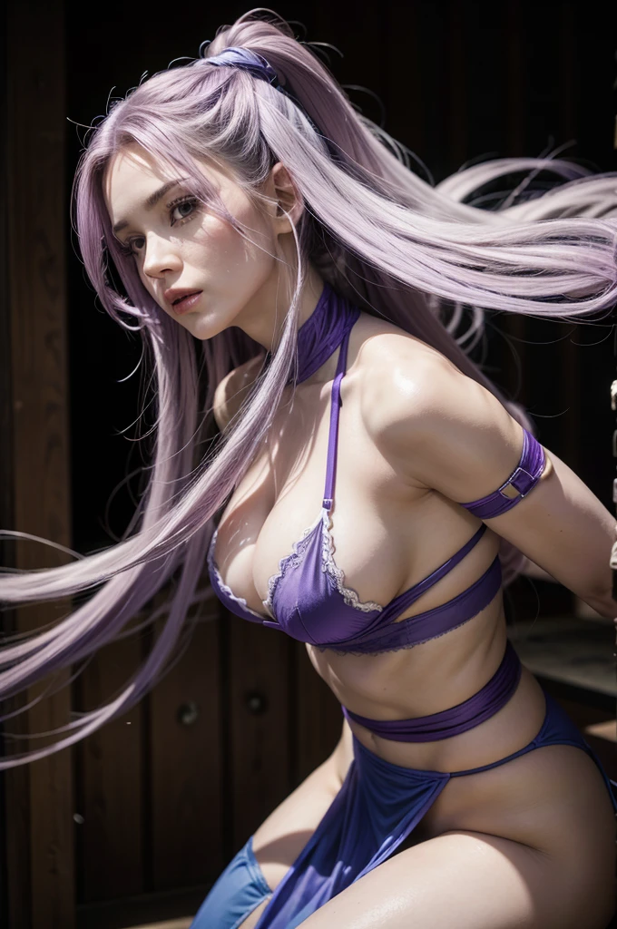 white woman, with long purple hair, wearing Kitana&#39;s outfit from Mortal Kombat, with the breast showing, com uma pose sexy,